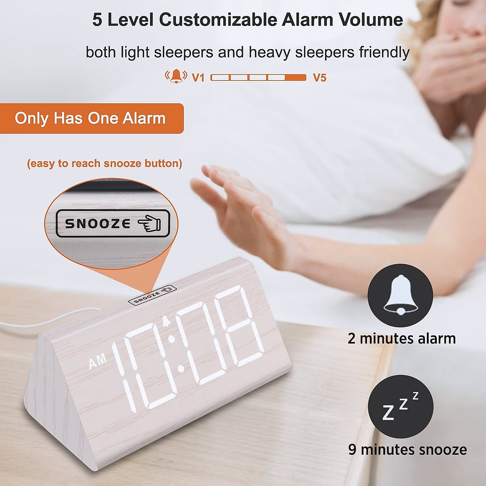 DreamSky Wooden Digital Alarm Clock with USB Charger Port