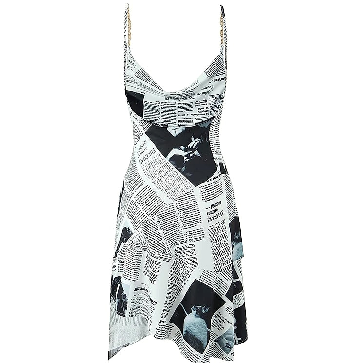 Yenkye Newspaper Print Sling Dress with Backless Chain Straps