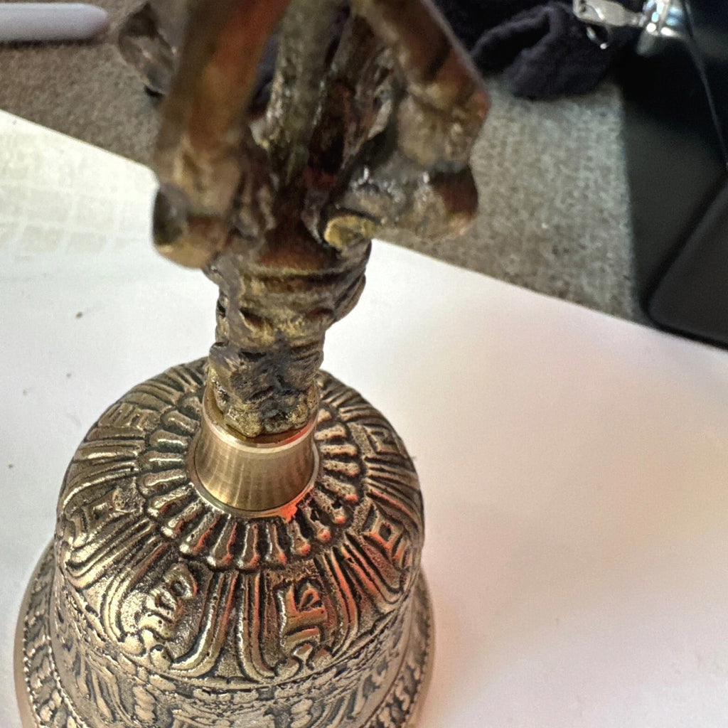 Vintage Ornate Brass Hand Bell with Buddha Face on Handle 6.25 inches