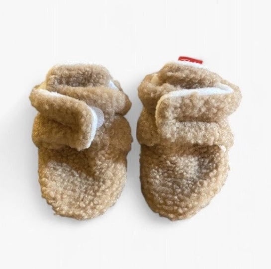 Baby Sherpa Booties Beige Plush Fleece Hook and Loop Soft Sole Shoes 3-6 Months