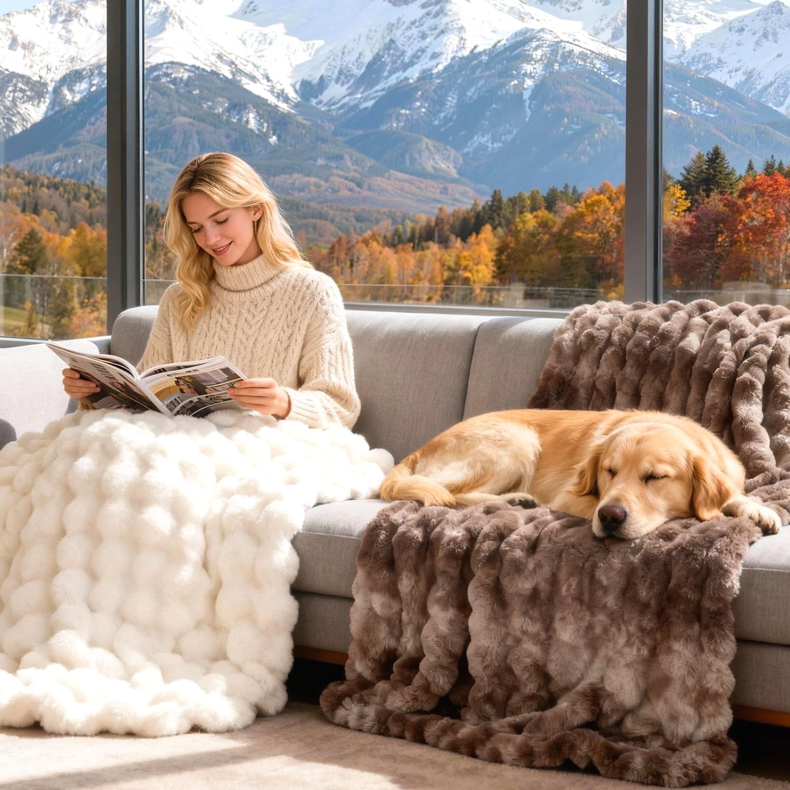 Luxury 1000GSM Faux Rabbit Fur Throw Blanket - Tie-Dye Brown, Ultra Soft Plush...
