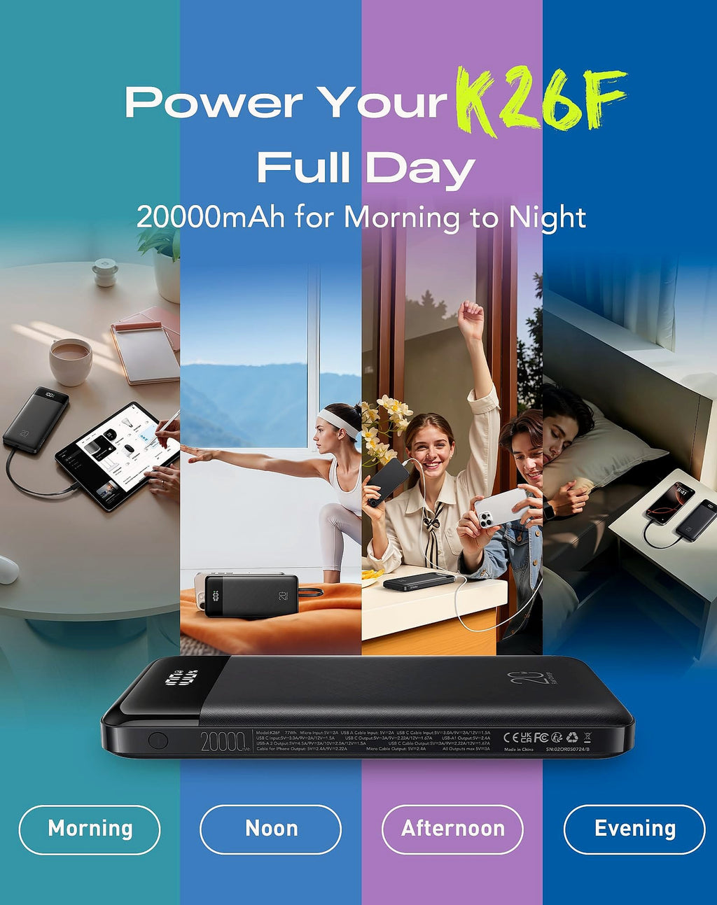 Orfeika 20000mAh Power Bank with 4 Built-in Cables