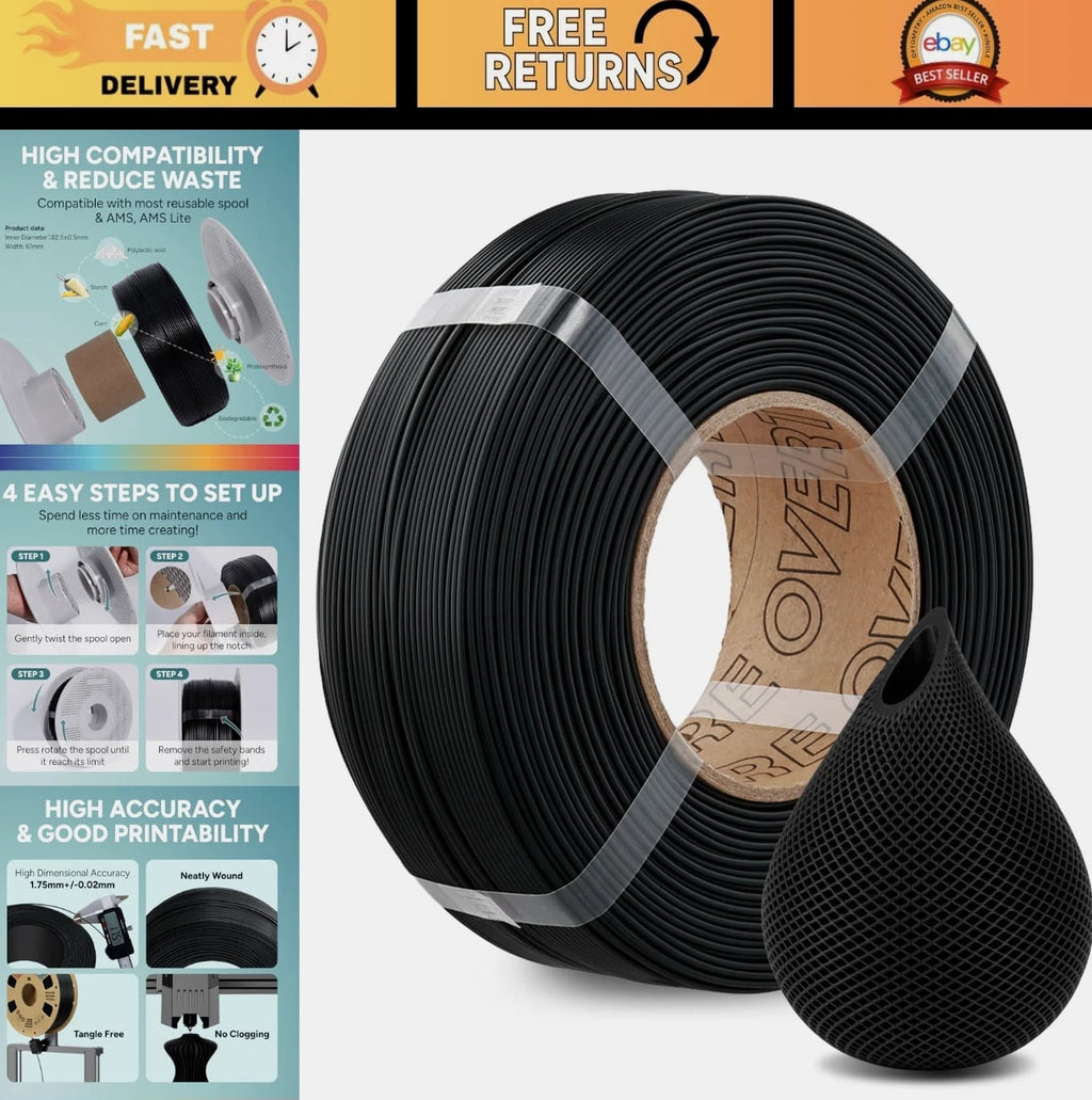 1.75mm 3D Printer Filament Refill 1kg, Black FDM Filament for Most Printers, Acc