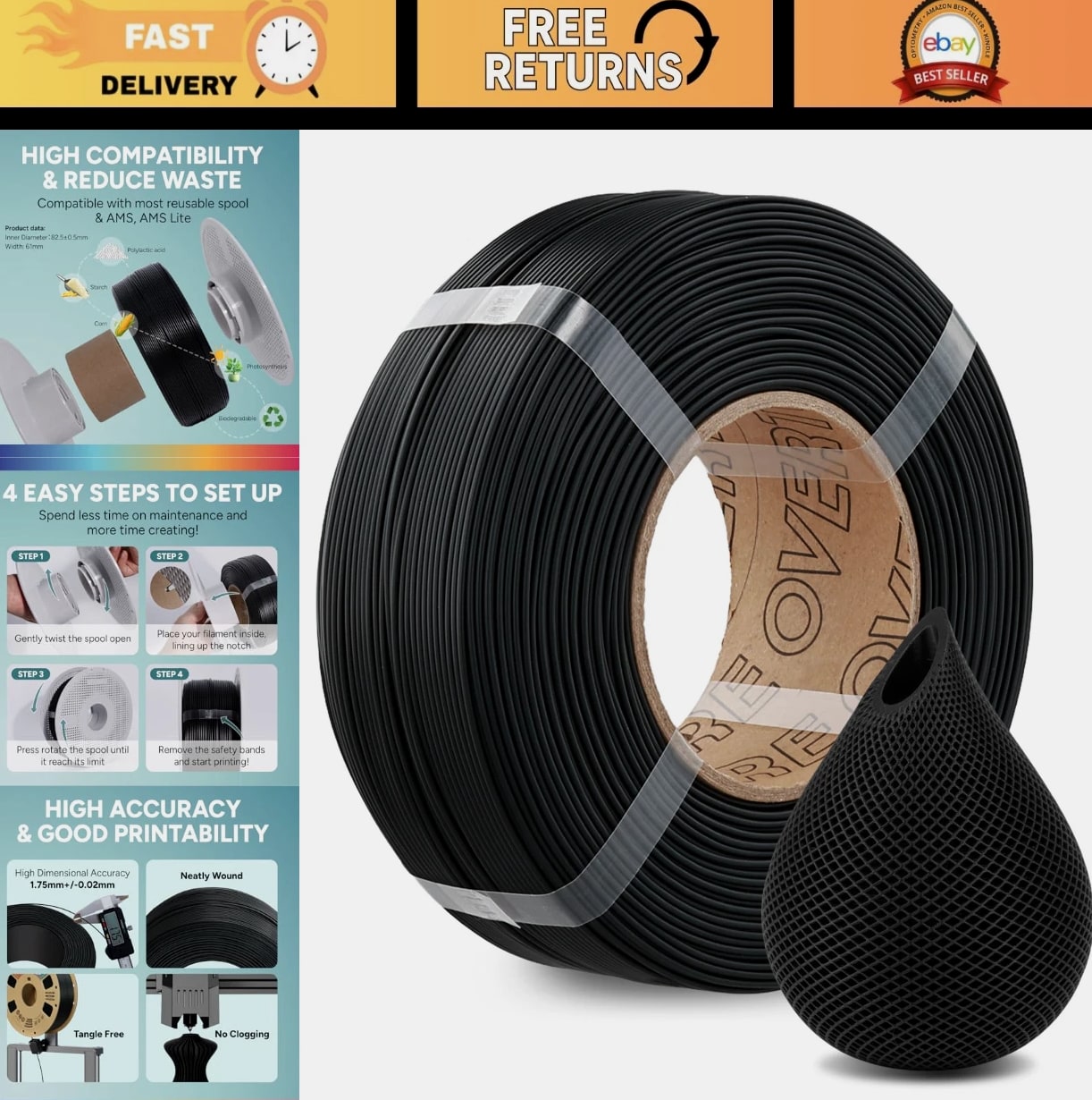 1.75mm 3D Printer Filament Refill 1kg, Black FDM Filament for Most Printers, Acc