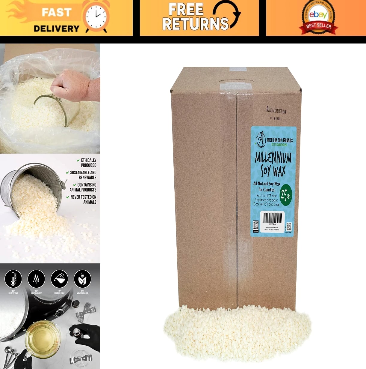 Natural Soy Wax for Candle Making - 25 lb Bulk Bag, Eco-Friendly Premium Quality