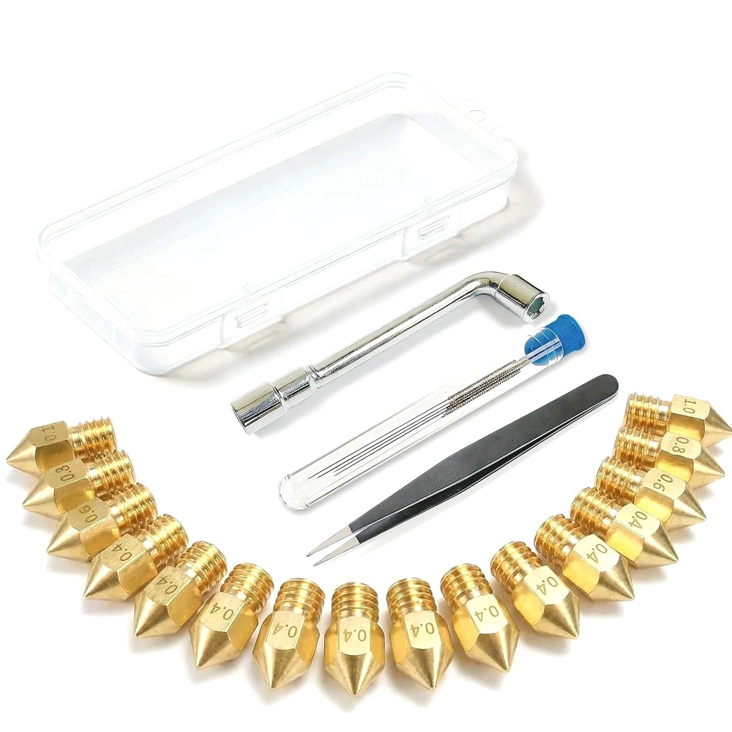 3D Printer Nozzle Kit, 16 PCS MK8 Brass Nozzles 0.2/0.4/0.6/0.8/1.0Mm with Wrench