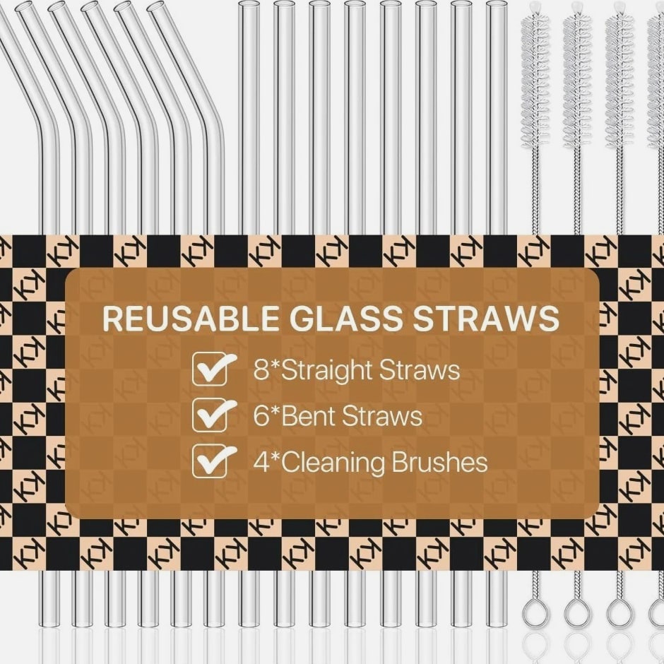Reusable Clear Glass Drinking Straws 18 Pack: 8 Straight & 6 Bent 10mm x 8.5