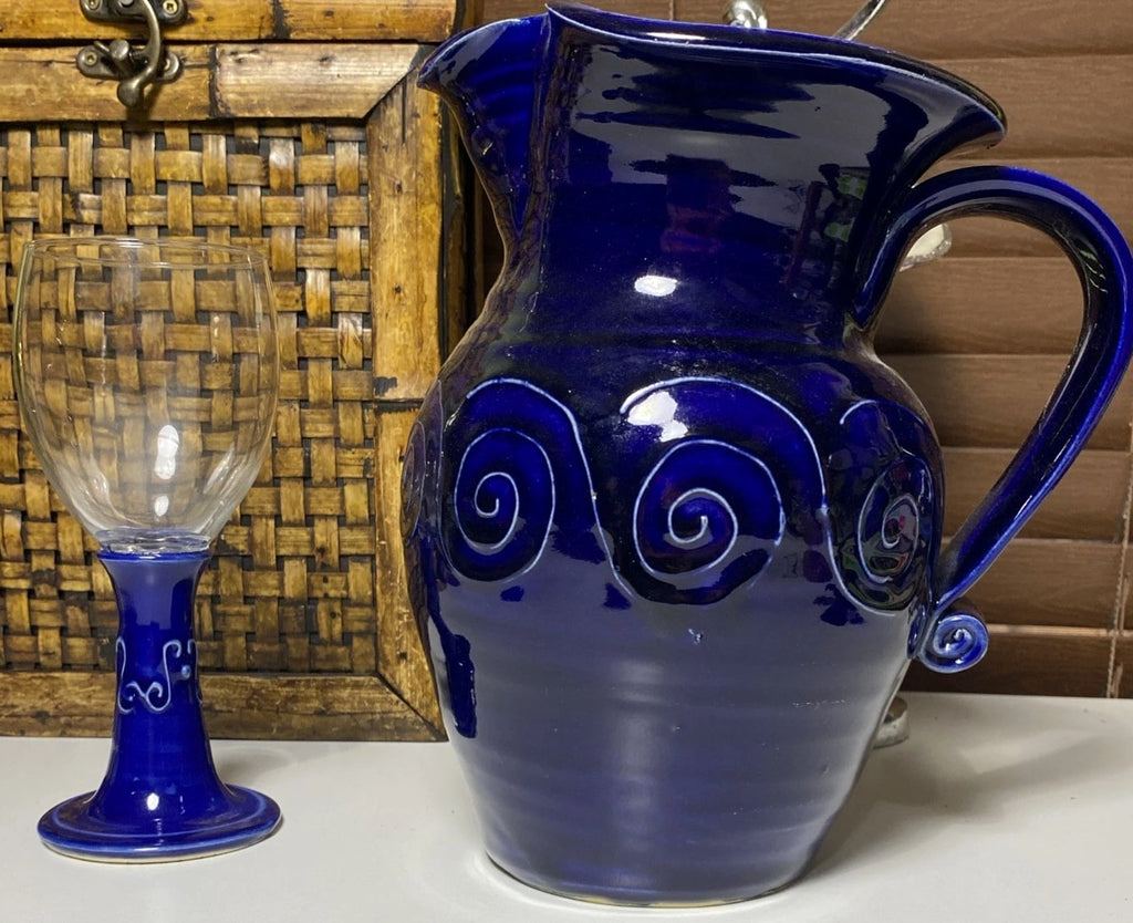 Studio pottery pitcher cobalt blue and glass Wine Glass Statement Piece