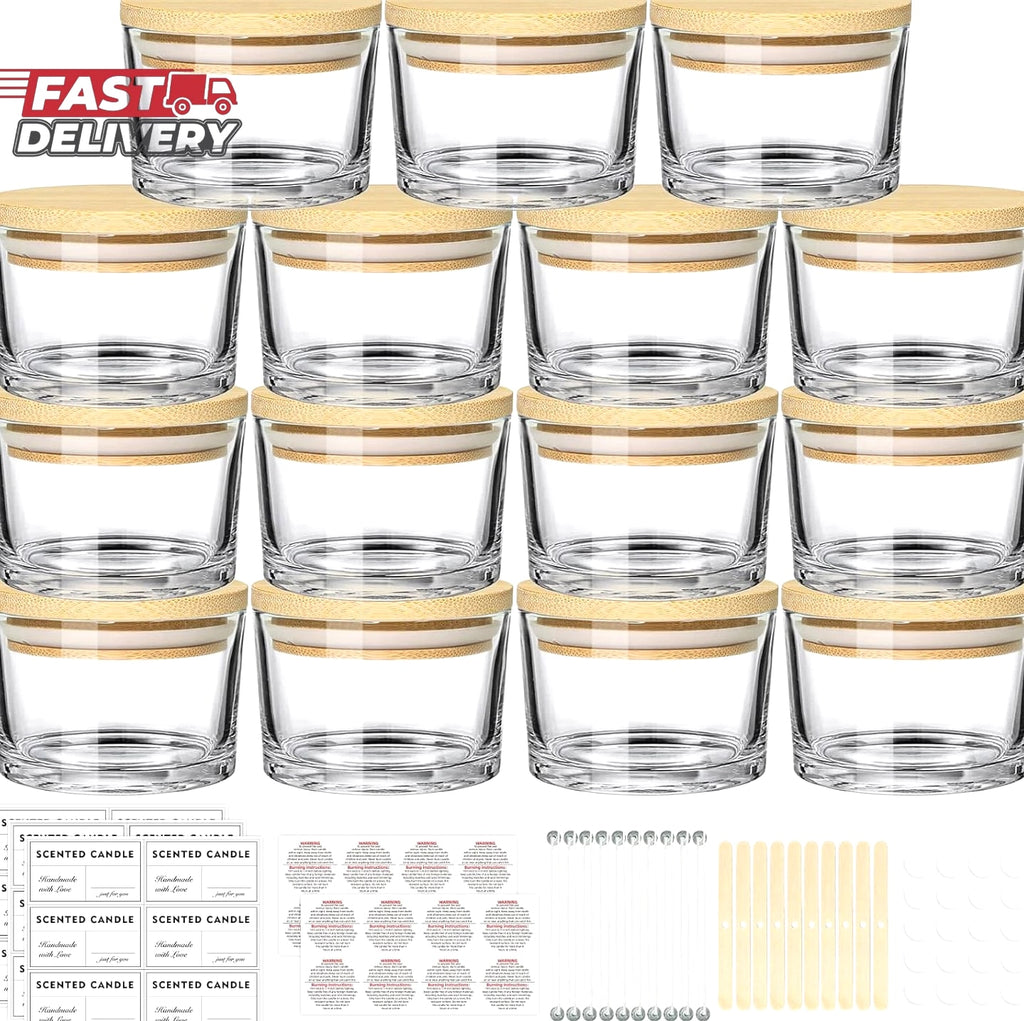 4 Oz Clear Candle Jars (15 Pack) - Small Wide Mouth Glass Jars with Bamboo Lids