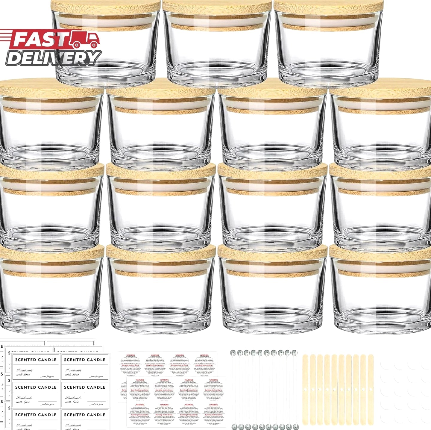 4 Oz Clear Candle Jars (15 Pack) - Small Wide Mouth Glass Jars with Bamboo Lids