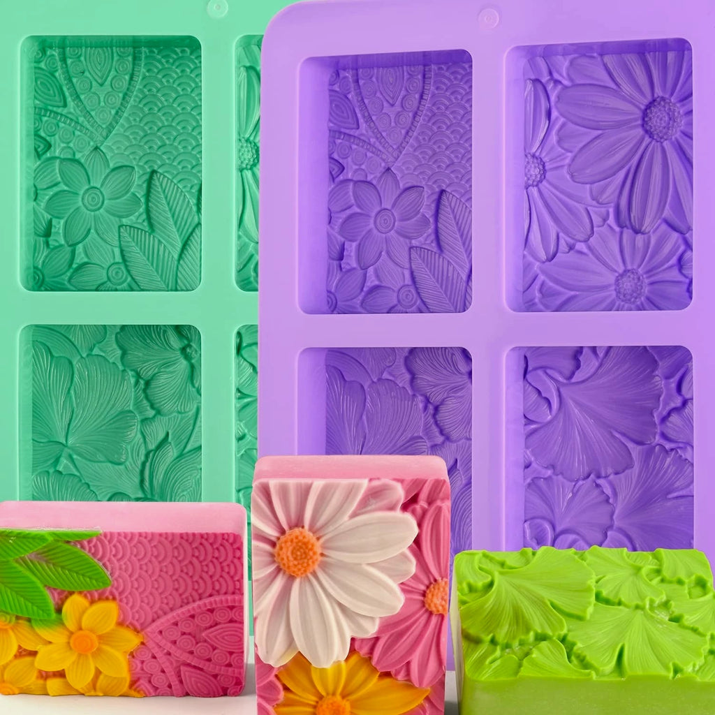 2 Pack Silicone Soap Molds, Rectangle Soap Making Mold, 3D Rectangular Flower Pattern