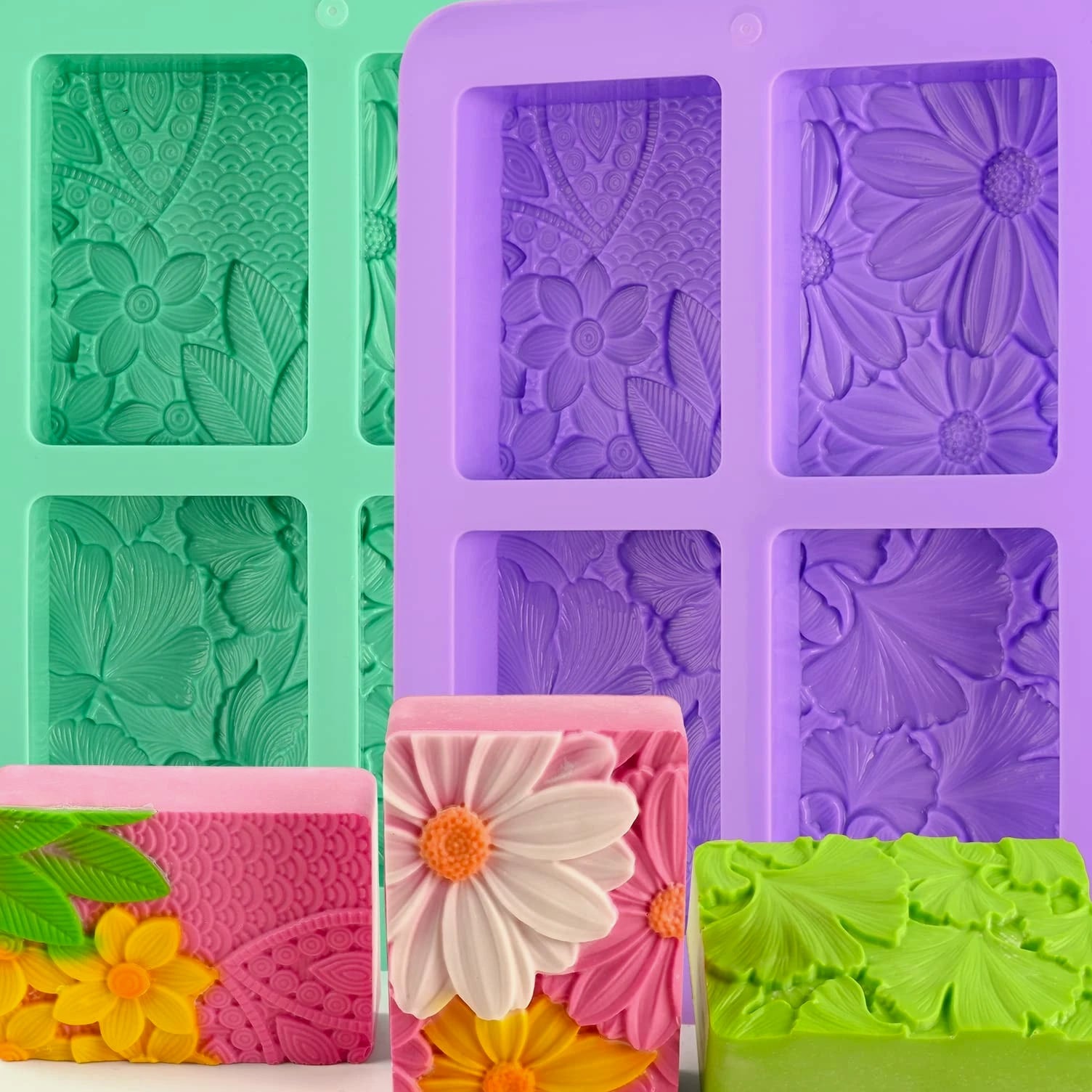 2 Pack Silicone Soap Molds, Rectangle Soap Making Mold, 3D Rectangular Flower Pattern