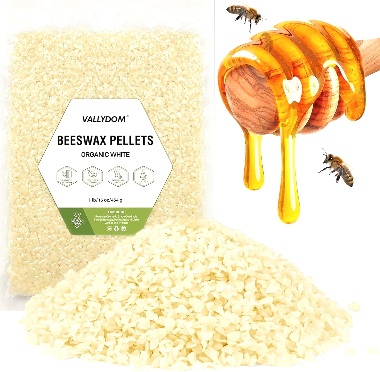 Organic Beeswax Pellets - 453G White Beeswax Pastilles, Pure Natural Bulk Bees