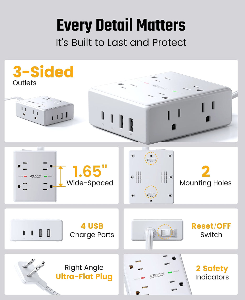 SUPERDANNY 10ft Extension Cord Power Strip, 8 Outlets 4 USB