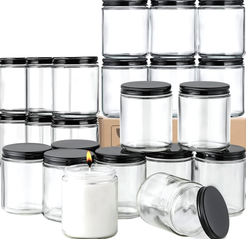 24 Pc, 8 OZ Thick Glass Jars with Metal Lids, Clear Round Candle Making Jars