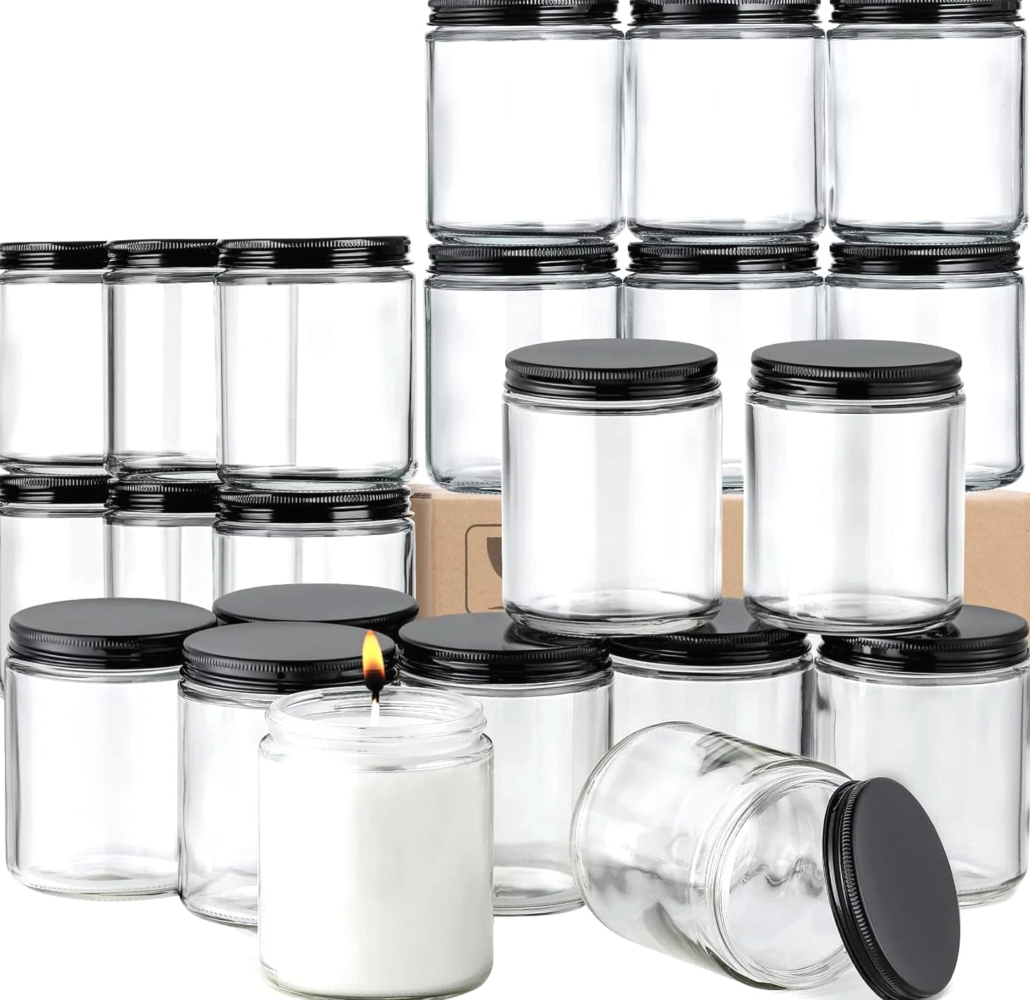 24 Pc, 8 OZ Thick Glass Jars with Metal Lids, Clear Round Candle Making Jars