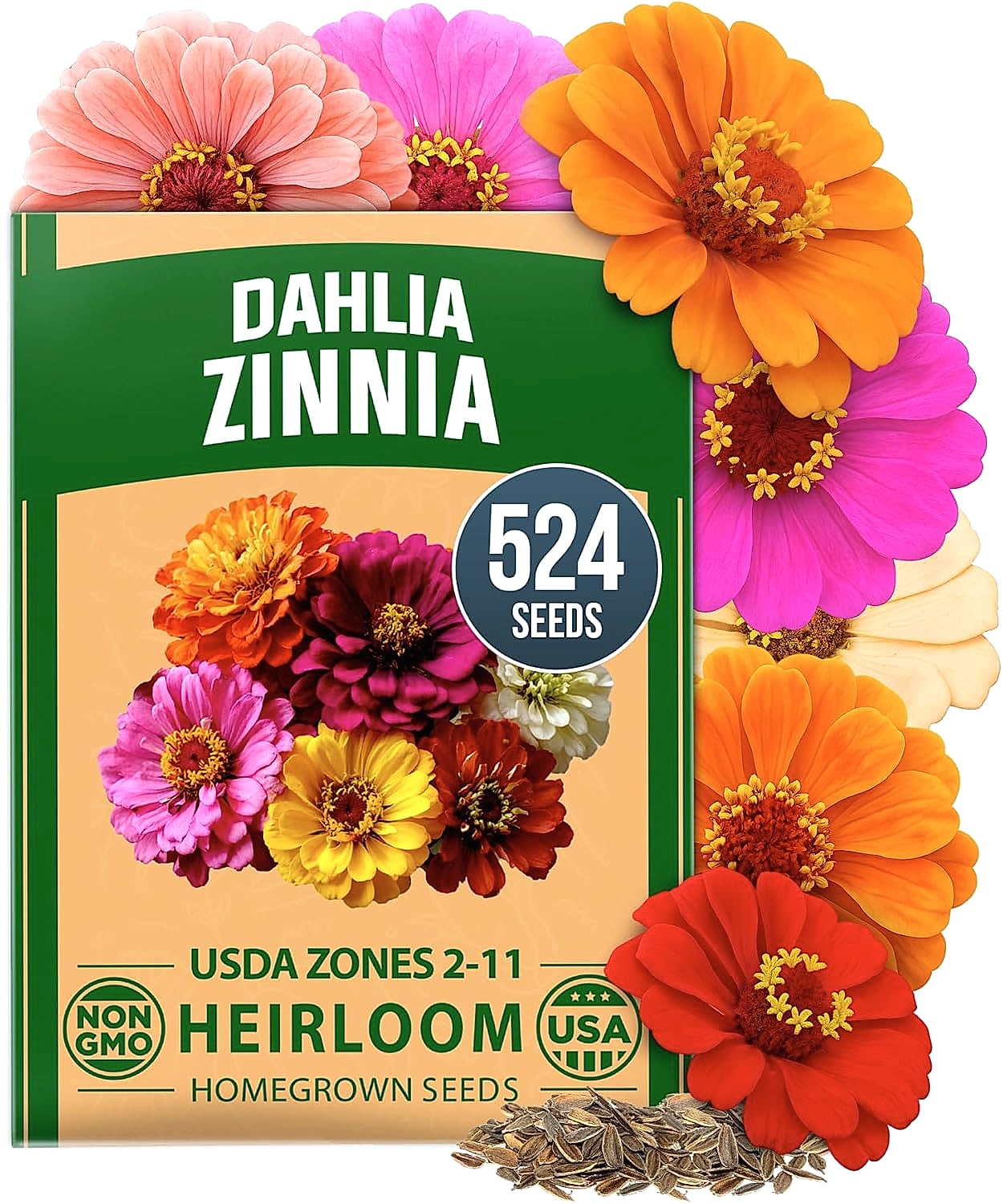 HOME GROWN Zinnia Dahlia Seeds 524 Pack Non-GMO Flowers
