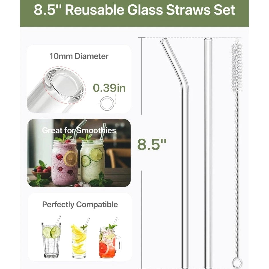 Reusable Clear Glass Drinking Straws 18 Pack: 8 Straight & 6 Bent 10mm x 8.5
