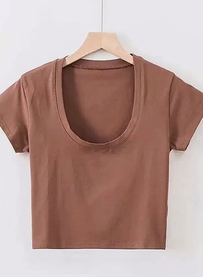 Dozw U-Neck Crop Top High Waist Women's Casual T-Shirt