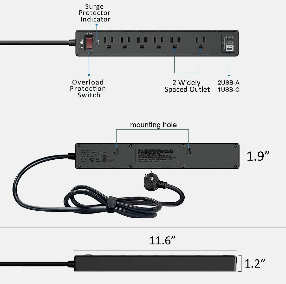Yintar 6-Foot Power Strip with 6 Outlets and 3 USB Ports