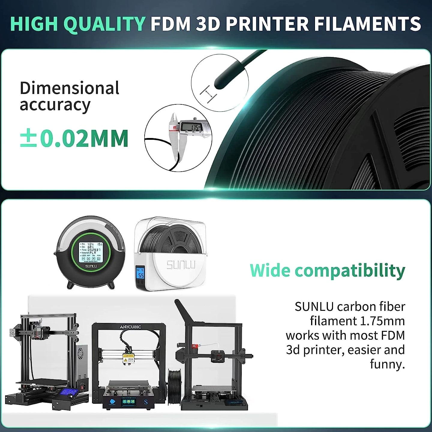 SUNLU PLA Carbon Fiber Filament 1KG/2.2LBS Black 3D Printer Material