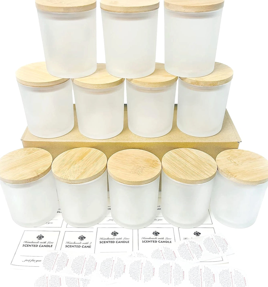 CONNOO 12 Pack 10 Oz Frosted Glass Candle Jars with Bamboo Lids for Candle Making