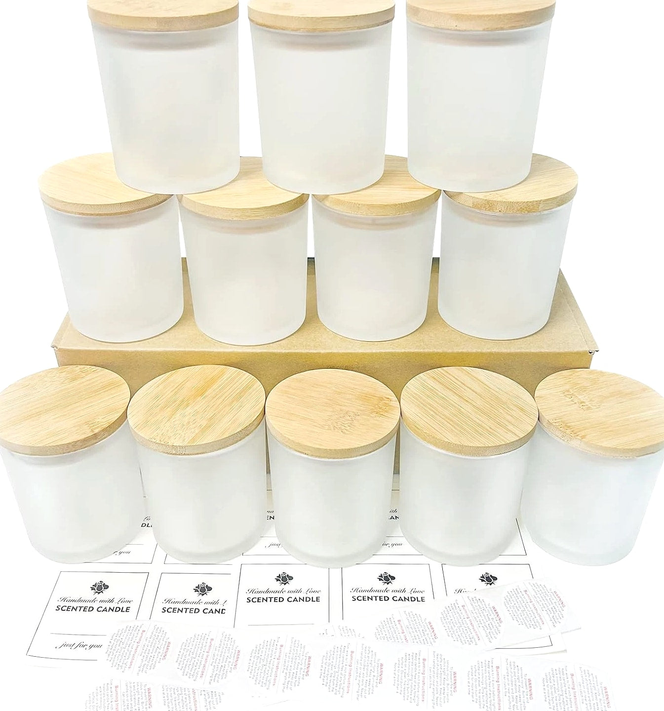 CONNOO 12 Pack 10 Oz Frosted Glass Candle Jars with Bamboo Lids for Candle Making
