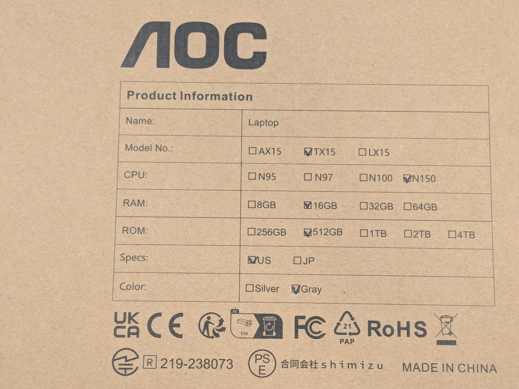 AOC TX15 15.6 inch Intel N150 16GB DDR4 512GB SSD Windows 11 Home Gray