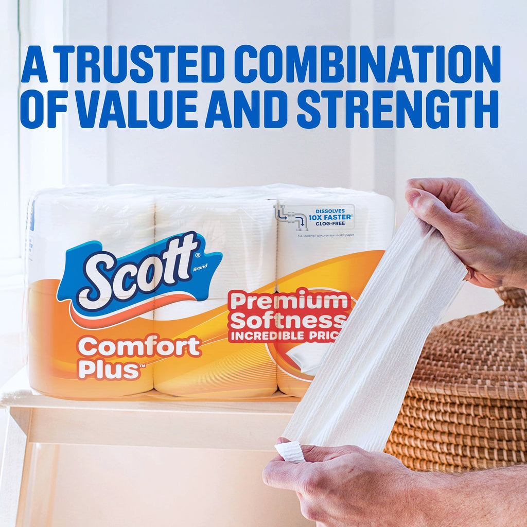 Scott ComfortPlus Toilet Paper, 12 Triple Rolls, 1-Ply Bath Tissue