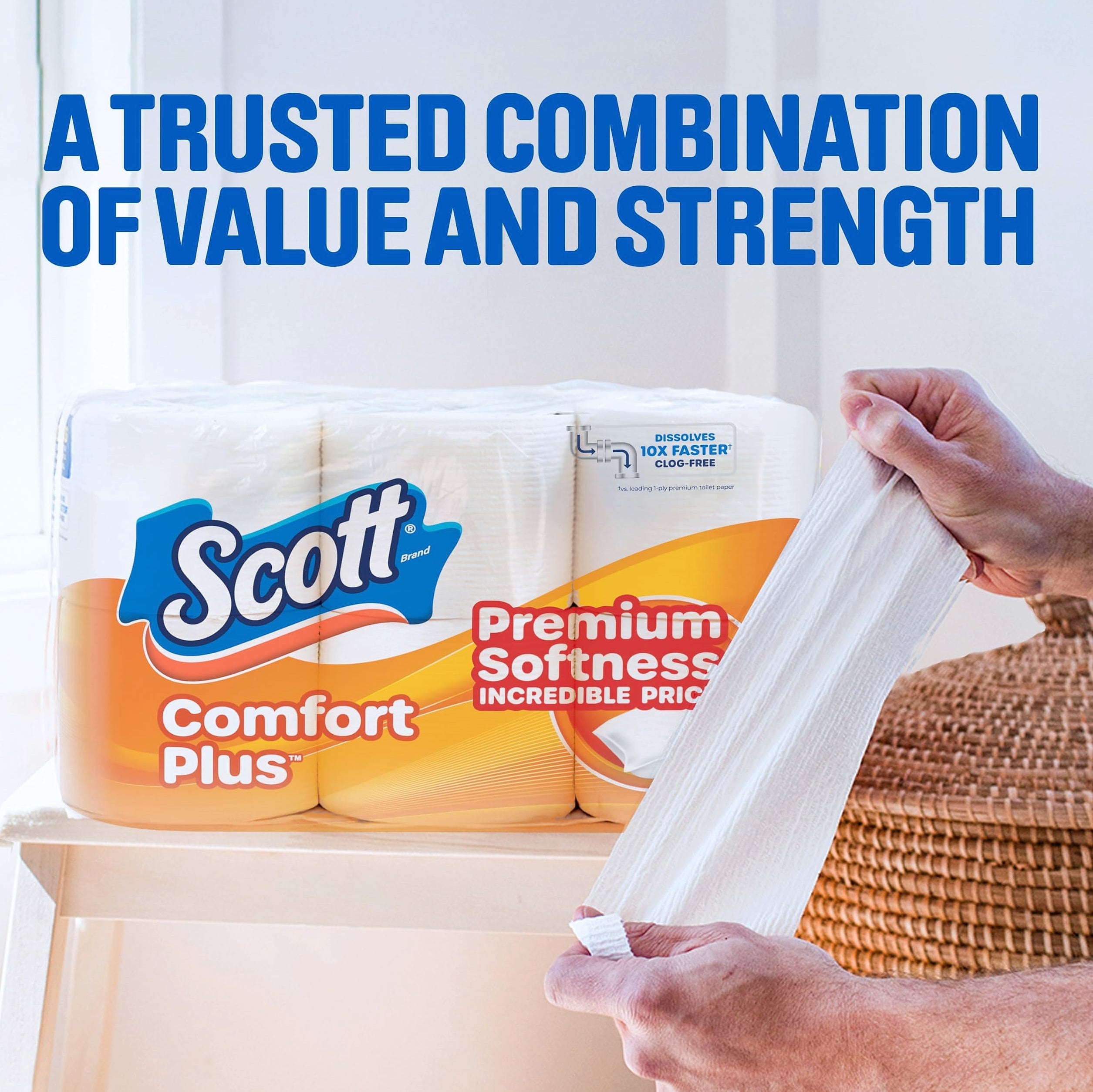 Scott ComfortPlus Toilet Paper, 12 Triple Rolls, 1-Ply Bath Tissue