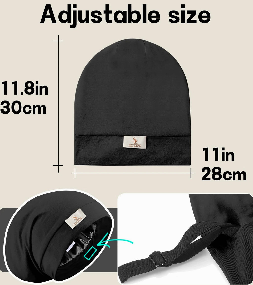 SECZIPE 100% Mulberry Silk Bonnet for Sleeping Curly Hair, One Size Black
