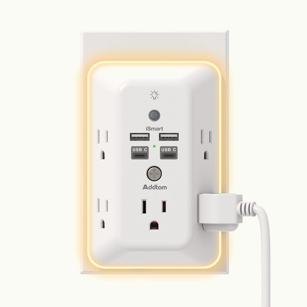 Addtam 5-Outlet Surge Protector with 4 USB Ports and Night Light