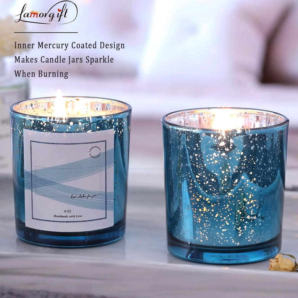 LAMORGIFT 15 Pack Glass Candle Jars with Lids (8Oz, Lake Blue) - Candle Making Containers