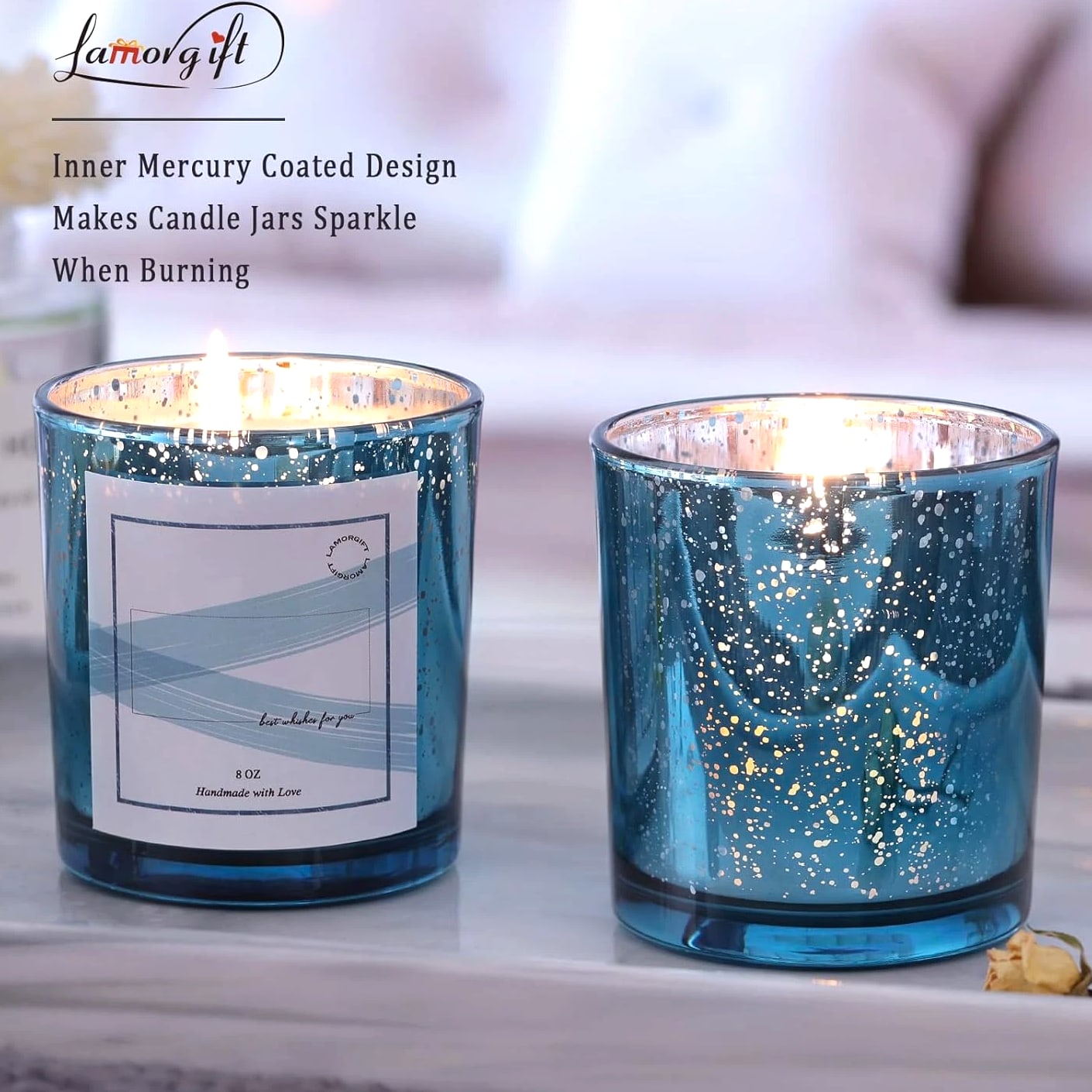 LAMORGIFT 15 Pack Glass Candle Jars with Lids (8Oz, Lake Blue) - Candle Making Containers