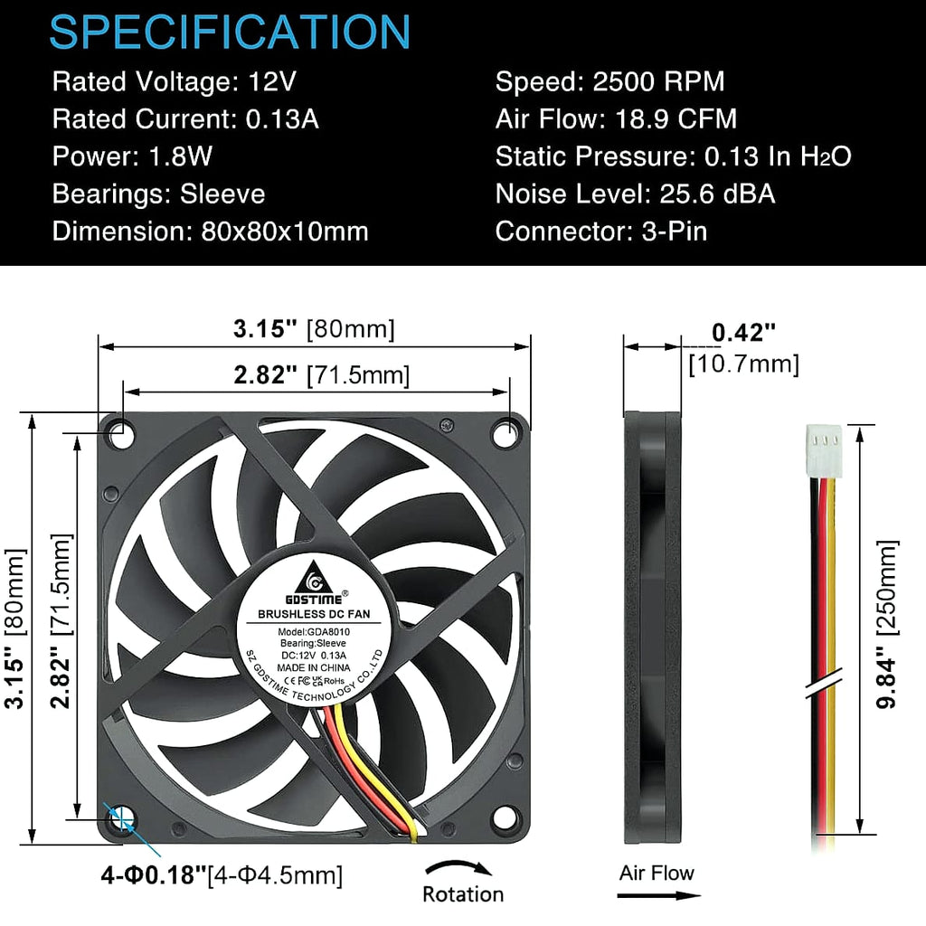 GDSTIME 80mm Quiet CPU Cooler Fan 12V 3PIN Slim