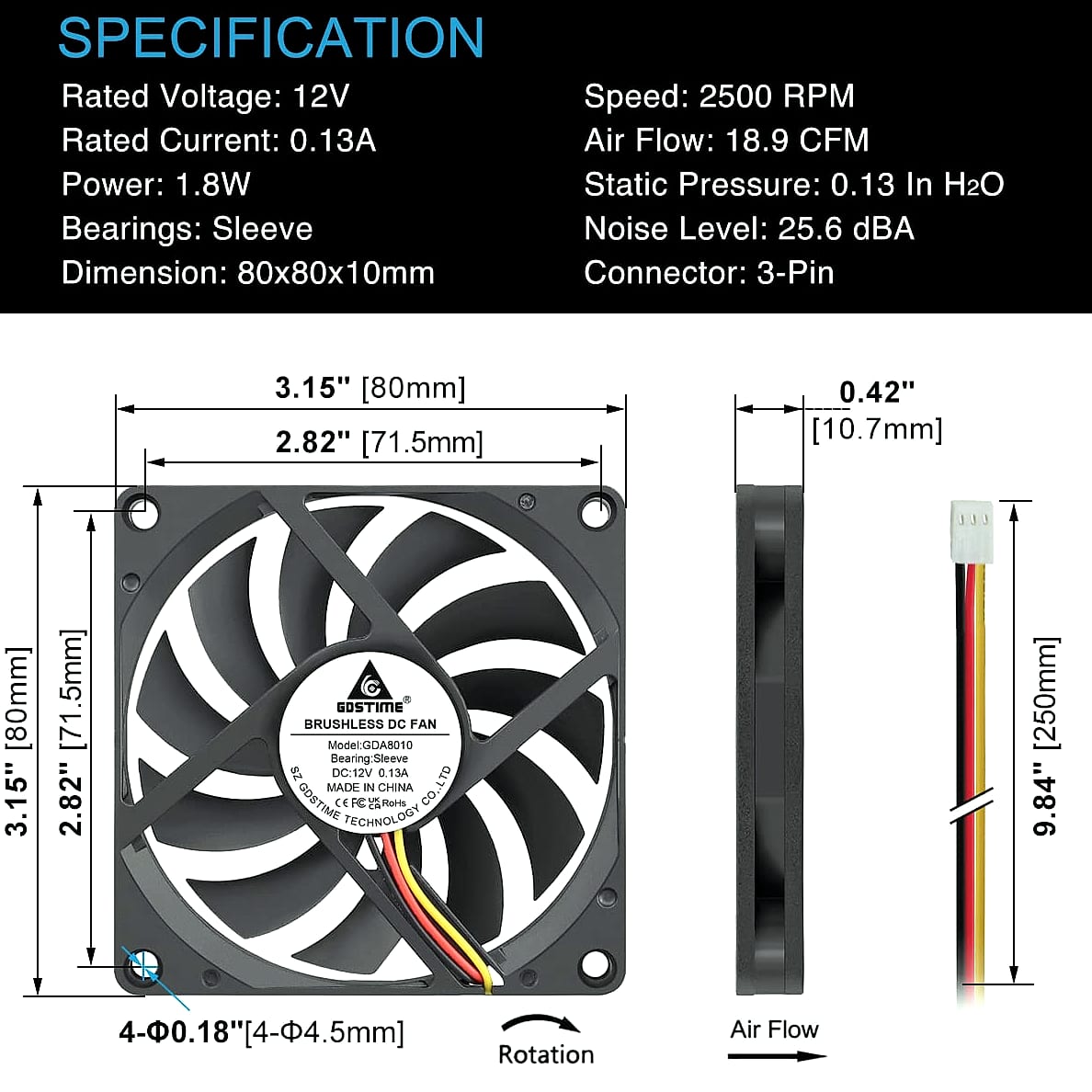 GDSTIME 80mm Quiet CPU Cooler Fan 12V 3PIN Slim