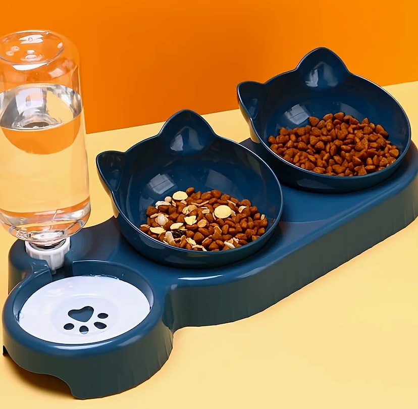 3-in-1 Tilted Cat Bowl Set with Gravity Water Feeder
