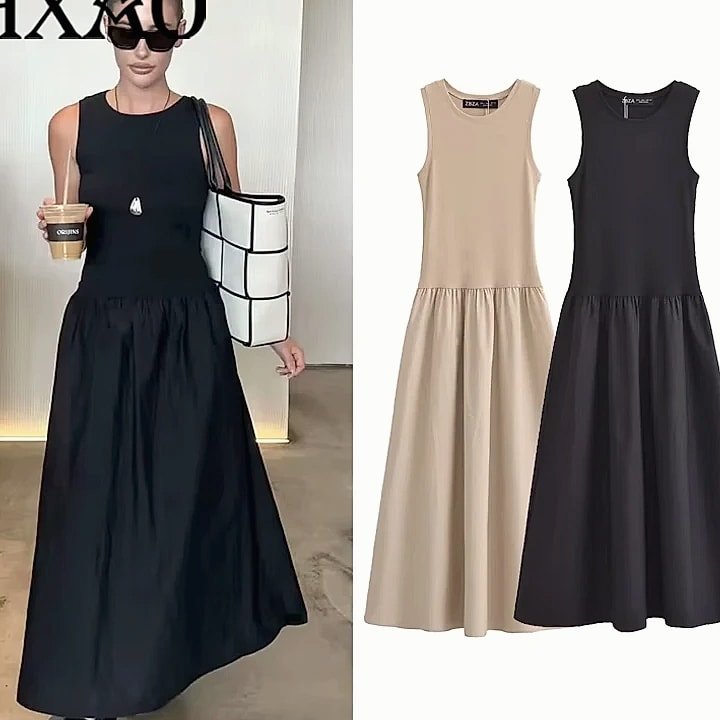 HXAO Women's Sleeveless Long Dress Black Khaki