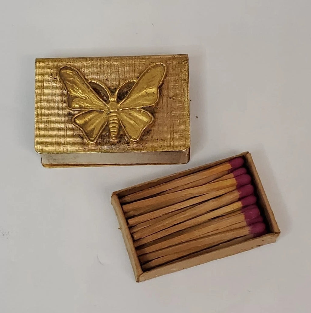 Vintage Butterfly Match Stick Holder Gold 1.75 X 1 inch 1950s