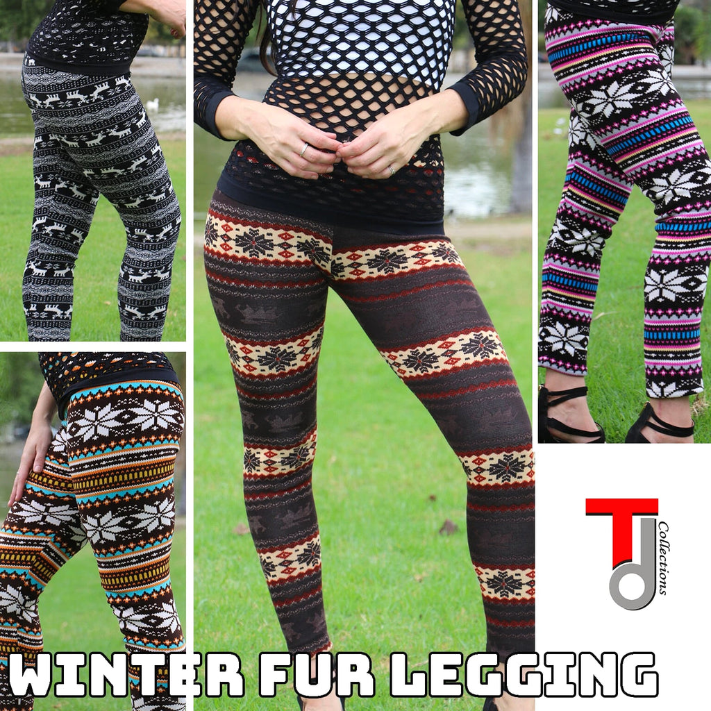 Thin/Thick Winter Womens Nordic Reindeer Snowflake Knitted Leggings Pants