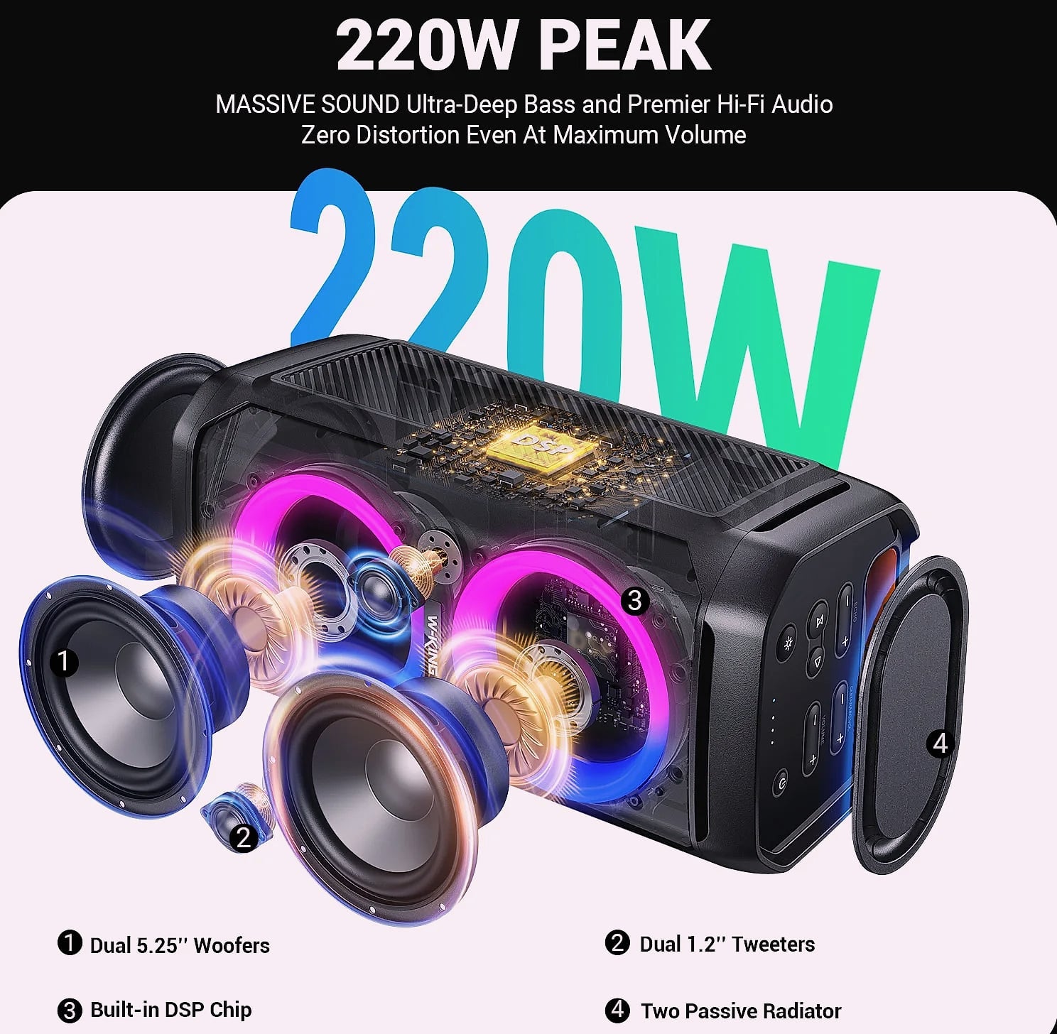 W-King T11 100W RMS Bluetooth Speaker, IPX6 Waterproof Party Boombox