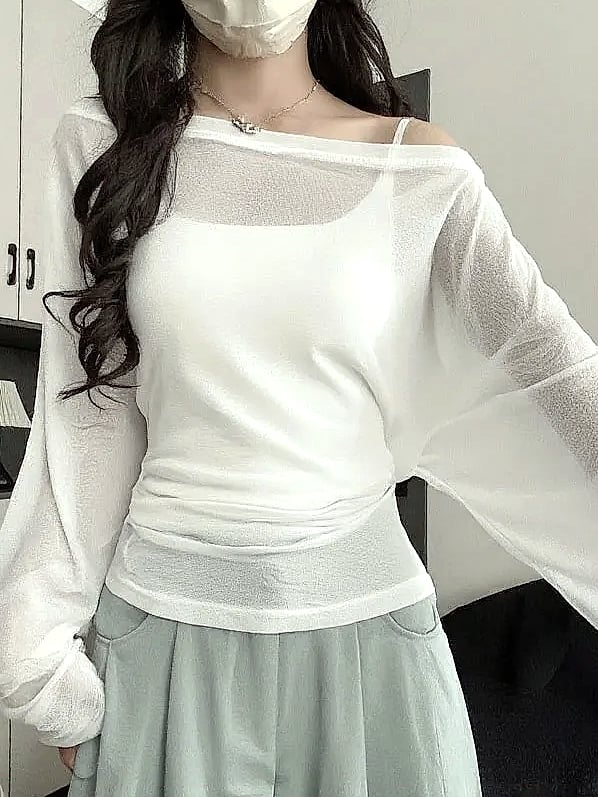 ZOYLEIR See Through Long Sleeve Off Shoulder Top