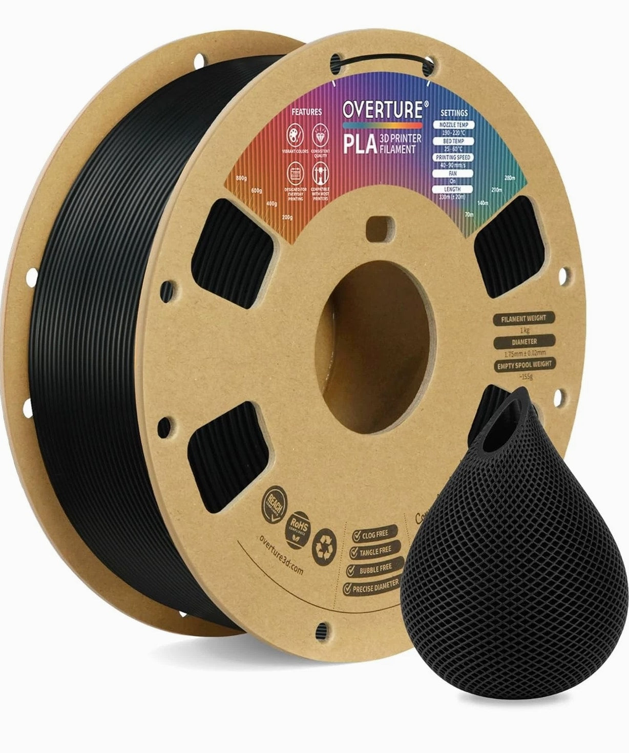 OVERTURE PLA Filament 1.75mm, Neatly Wound 3D Printer Filament 1kg Spool (2.2lbs