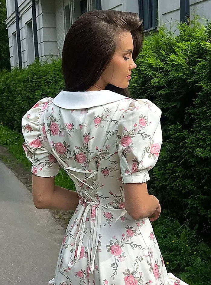 btuce Floral Printed A-line Dress with Puff Sleeves