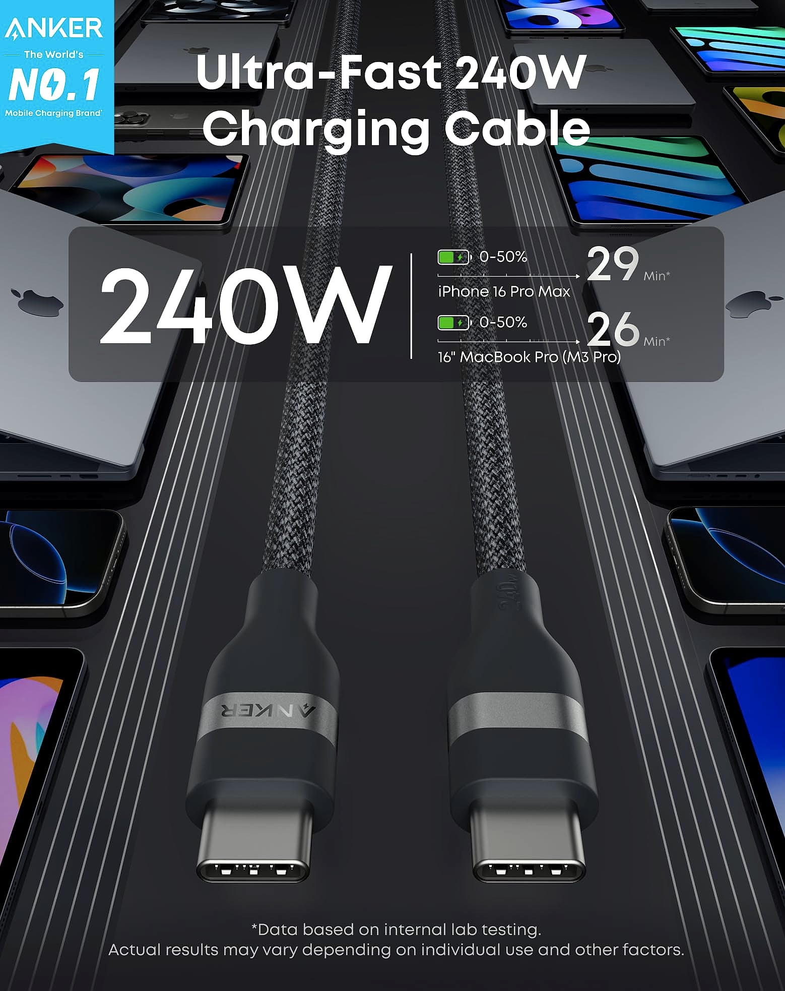 Anker Nano USB-C Cable 240W Fast Charging 6ft Black