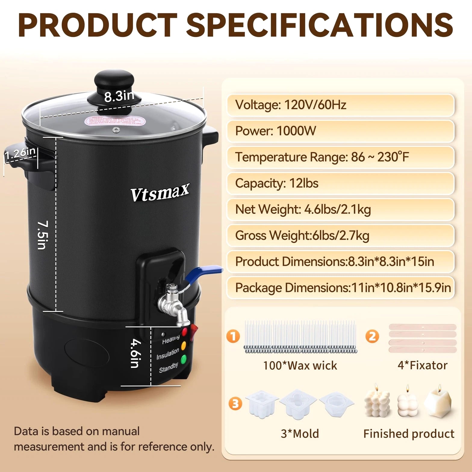 Vtsmax 12Lbs Wax Melter for Candle Making Pot, Temp Control and No-Clog -S