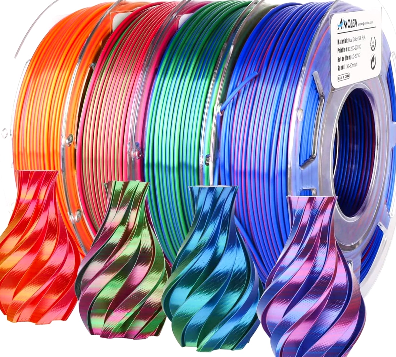 Silk PLA 3D Printer Filament Bundle, Shiny Dual Color Filament 1.75Mm Multi-Pack