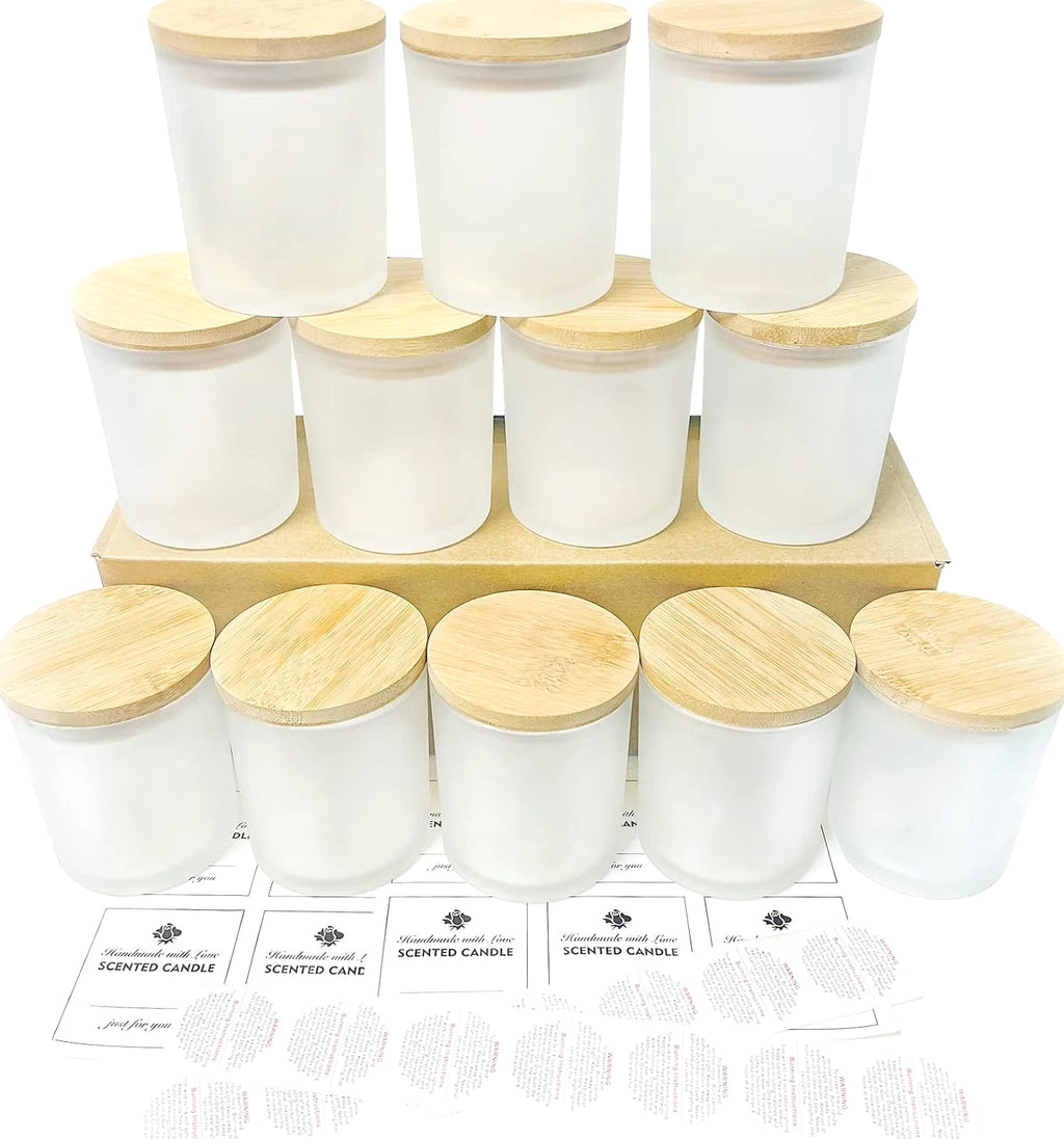 CONNOO 12 Pack 10 Oz Frosted Glass Candle Jars with Bamboo Lids for Candle Making