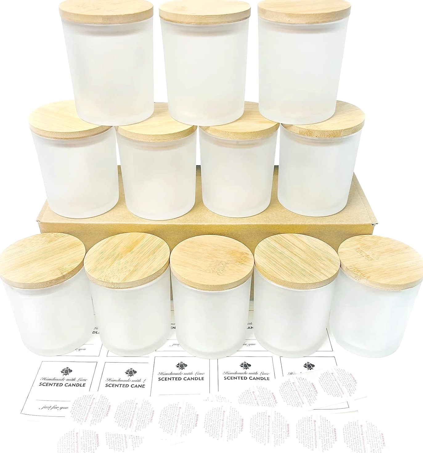 CONNOO 12 Pack 10 Oz Frosted Glass Candle Jars with Bamboo Lids for Candle Making