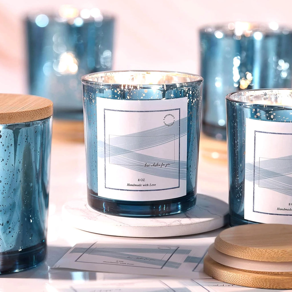 LAMORGIFT 15 Pack Glass Candle Jars with Lids (8Oz, Lake Blue) - Candle Making Containers